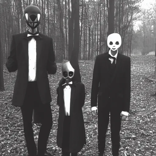 Prompt: Slenderman and Sirenhead with their two children Slenderhead and Sirenman