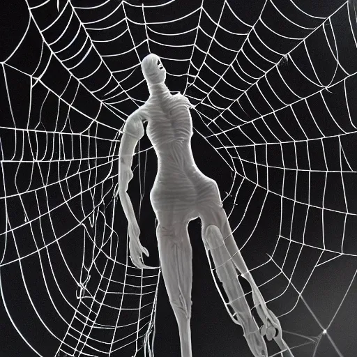Prompt: Ghastly wires coil from a wall, forming a thick spiderweb. Thin strands of metal glisten as they stretch toward a figure in the darkness. The figure is clad in a black robe with a hood that conceals his face. The figure stares at a mannequin hanging down from one of the wires. The mannequin has the head and the torso of an ape, but no arms or legs.