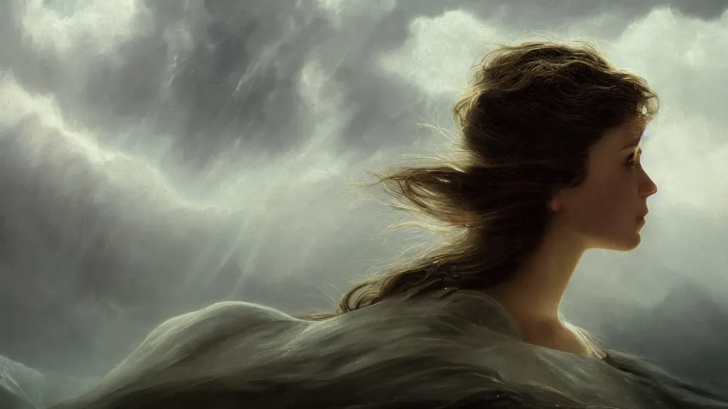 Prompt: mage, norway fjord, extreme close up portrait, hudson river school, max rive, stormy seas, white royal dress, beautiful, bokeh, gentle, female, snowy, storm clouds, god rays, close up portrait, d & d, fantasy, elegant, low key color palette, concept art, roger deakins and greg rutkowski and alphonse mucha