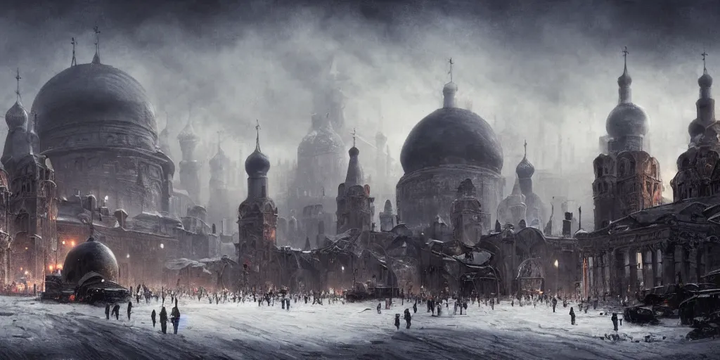 Image similar to Post-apocalyptic imperial russian city scene with a dark smog choked sky and a crowd of people freezing in the snow, black domes and spires, sci fi, detailed matte painting, cinematic, Alan Lee, Artstation