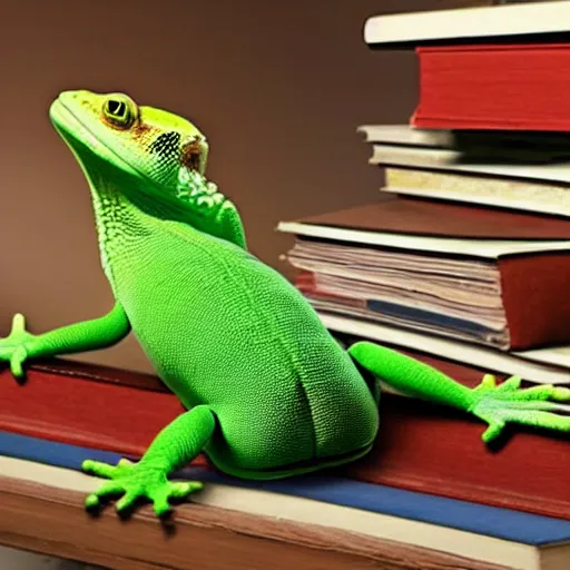 Image similar to the! geico! gecko on a table, being crushed to death by a stack of books, commercial, studio