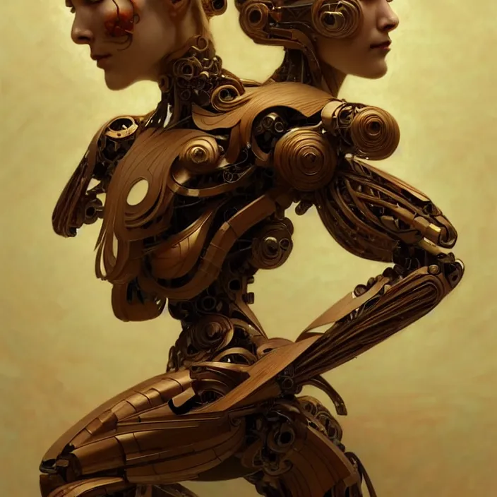 Image similar to organic cyborg, japanese wood carving, diffuse lighting, fantasy, elegant, lifelike, photorealistic, digital painting, artstation, illustration, concept art, smooth, sharp focus, art by John Collier and Albert Aublet and Krenz Cushart and Artem Demura and Alphonse Mucha