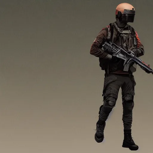 Prompt: futuristic insurgent wearing black helmet glossy visor, brown cloak, technical vest, and a backpack, photorealistic, digital art , red tint
