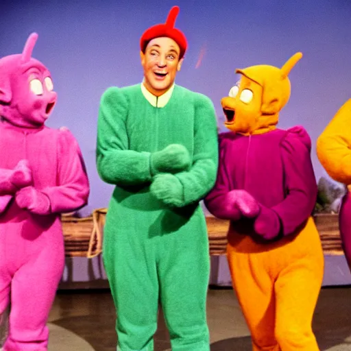 Image similar to A musical comedy in technicolor with Gene Kelly featuring the Teletubbies