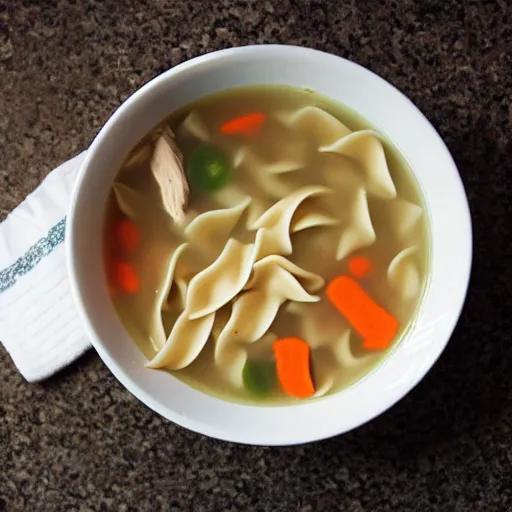 Prompt: toilet filled with chicken noodle soup