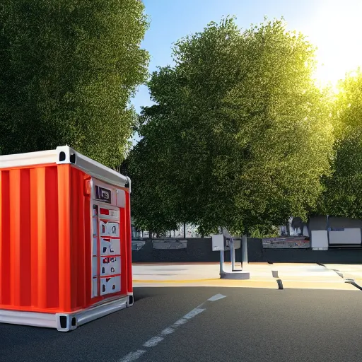 Image similar to photo of glowing sci fi container connected to a gas station in a pleasant urban setting with trees, day - time, sun overhead, award - winning, high res, 4 k, hyper realistic