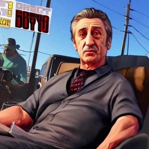 Image similar to robert deniro as a gta5 character, video game art, cover art, grand theft auto