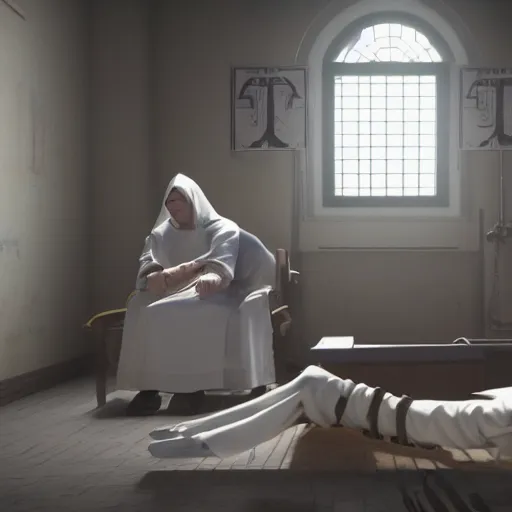 Prompt: a man strapped tight to a gurney in a mental asylum writhing in pain while a demonic nun watches over him, unreal engine