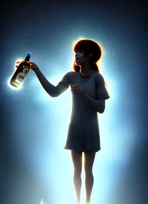 Image similar to girl shakes a bottle containing the sun and the milky way in a dimly lit room. fantasy art, horror, nightmare, photo realistic, dynamic lighting, artstation, poster, volumetric lighting, very detailed faces, 4 k, award winning