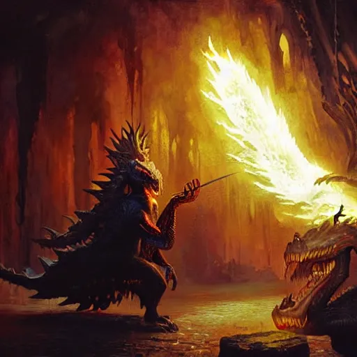 Prompt: A highly detailed, fantasy oil painting by Greg Rutkowski of a sorcerer casting a fireball spell against a huge ancient ice dragon