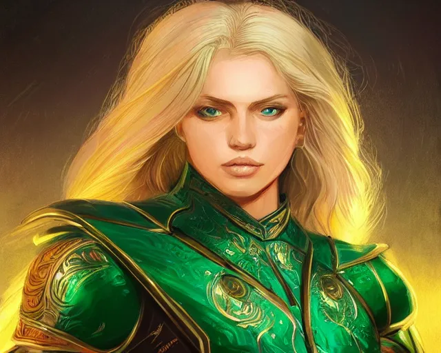 Image similar to A blonde emerald warrior, HD, illustration, epic, fantasy, intricate, elegant, amazing detail, digital painting, artstation, concept art, smooth, sharp focus, illustration, art by Fernando Juarez