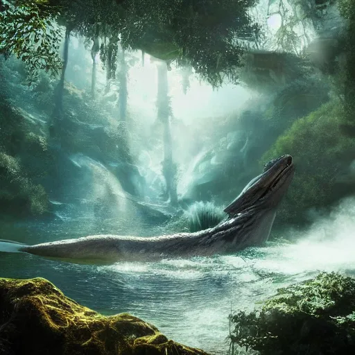 Image similar to photorealistic fantasy concept art of a sea monster swimming near a waterfall foggy forest, dynamic lighting, cinematic, ray tracing, sun rays, majestic