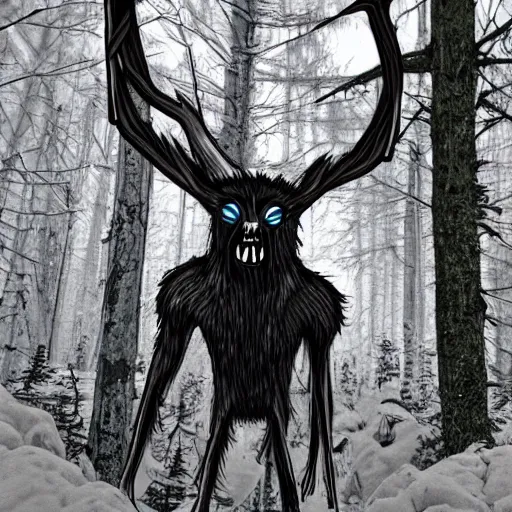 Image similar to trail cam footage of a wendigo, horror, hyper realistic, photorealistic, highly detailed