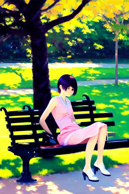 Prompt: A ultradetailed beautiful panting of a stylish girl siting on a park bench, bright sunny day, Oil painting, by Ilya Kuvshinov, Greg Rutkowski and Makoto Shinkai