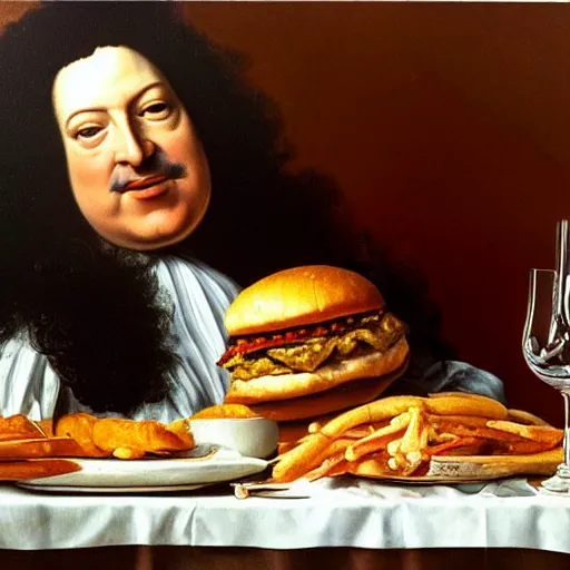 Prompt: painting portrait of louis xiv eating hamburger by lucian freud and bob bottin and reubens