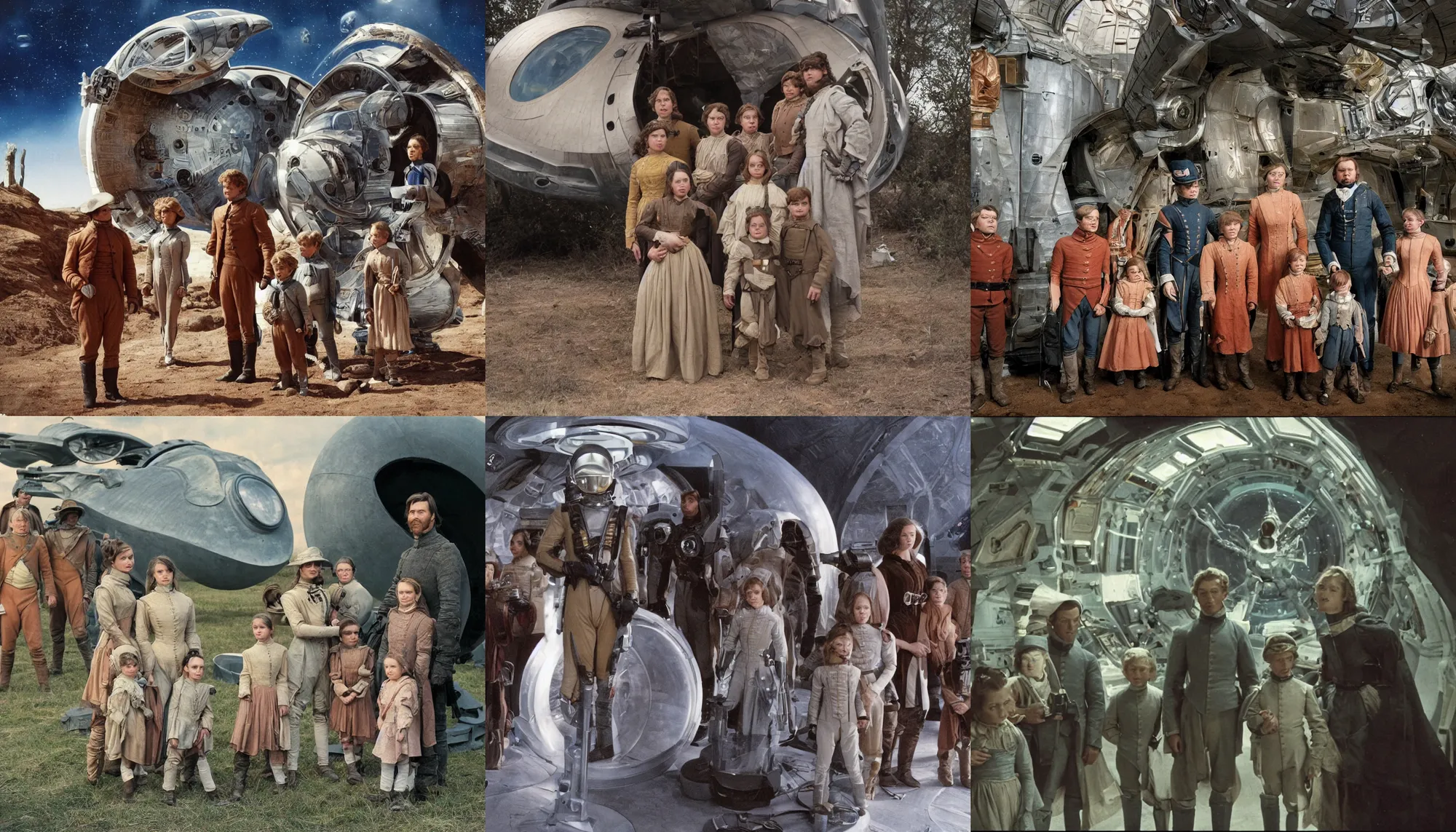 Prompt: highly detailed, 256435456k film, 1612800mm film still from a sci fi blockbuster color movie made in 2019, set in 1860, of a family standing in front of a spaceship that has just landed on an alien planet, the family are all wearing 1860s era clothes, good lighting, good photography, ultra high definition