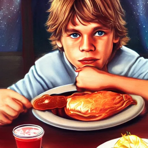 Prompt: portrait young luke skywalker sitting at a denny's restaurant eating a steak covered in ketchup