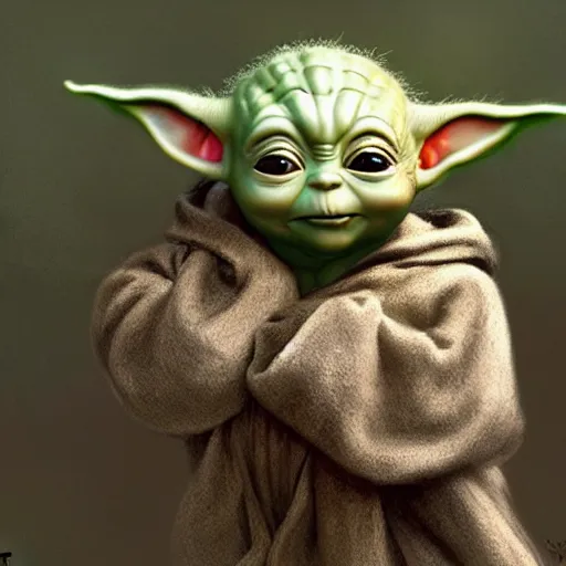 Prompt: baby yoda in the role of frodo from lord of the ring, film still, intricate, elegant, highly detailed, digital painting, artstation, concept art, smooth, sharp focus, illustration, art by artgerm and greg rutkowski and alphonse mucha and william - adolphe bouguereau