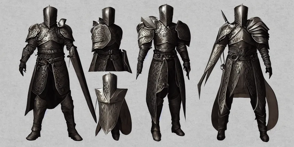 Prompt: RPG game character sheet for a character that looks like a knight, wearing armor, HDR, 4k, 8k, extremely detailed, final fantasy style, includes different angles of the character to use when they move around in the game