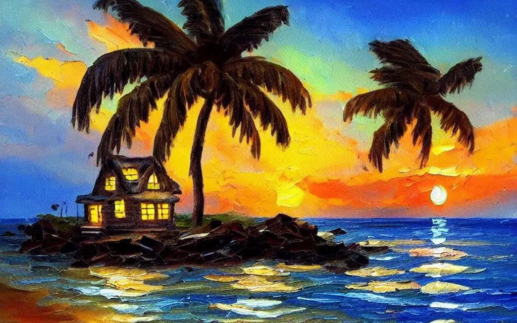 Image similar to a very very small island! cute cozy cottage!! and lanterns!!!, chairs, fireplace, palm trees, dark very late evening cloudy sunset, dramatic and dynamic lighting, thick brush strokes oil impasto painting