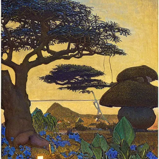 Image similar to Old African gardener cutting bonsai trees, isyllic Garden, by Annie Swynnerton and Nicholas Roerich and jean delville, glowing paper lanterns, strong dramatic cinematic lighting , ornate tiled architecture, lost civilizations, smooth, sharp focus, extremely detailed