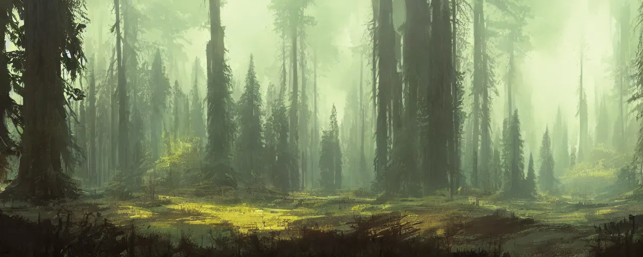 Image similar to the forest landscape from star wars in the artstyle of finnian macmanus, john park and greg rutkowski