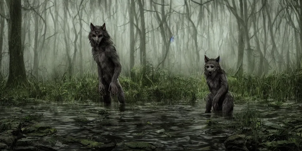 Prompt: a werewolf in a gloomy swamp