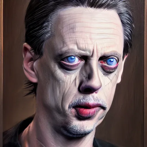 Image similar to hyperrealistic mixed media high resolution painting of Steve Buscemi !!Hellraiser!!, stunning 3d render inspired art by Jamie Salmon and István Sándorfi and Greg Rutkowski, perfect facial symmetry, dim volumetric lighting, 8k octane beautifully detailed render, full body shot, post-processing, extremely hyper-detailed, intricate, epic composition, highly detailed attributes, highly detailed atmosphere, cinematic lighting, masterpiece, trending on artstation, very very detailed, masterpiece, stunning, flawless completion, lifelike texture, perfection,