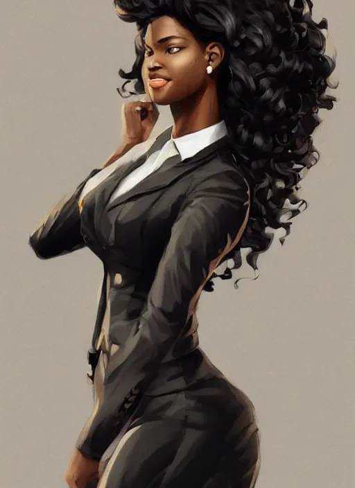 Image similar to detailed digital painting of beautiful black woman in corporate attire with natural hair, fanart behance trending on artstation, concept art, matte, sharp focus, illustration, super hero pose, hearthstone, art by artgerm and greg rutkowski and alphonse mucha