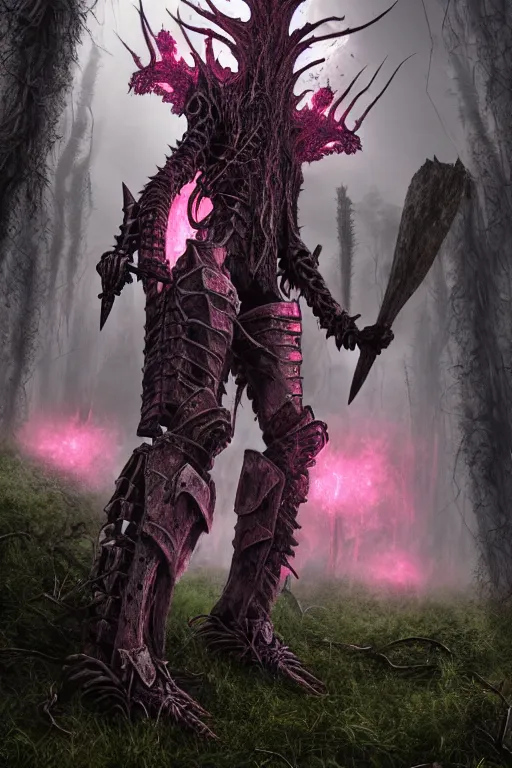 Image similar to post - gothic giant banshee, exoskeleton armor, attacking with axe, dystopian ruins covered in vegetation, highly detailed smooth digital art masterpiece, vitaly bulgarov giger dramatic dark pink light, ground angle hd 8 k, sharp focus