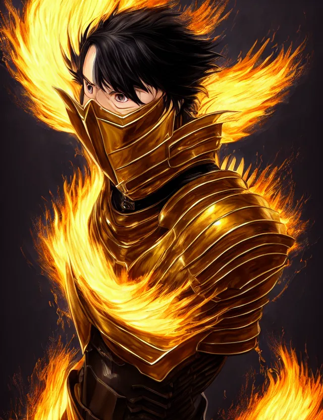 Image similar to a detailed manga portrait of a black haired man with hazel eyes in gleaming golden armour that burns with golden fire, trending on artstation, digital art, 4 k resolution, detailed, high quality, sharp focus, hq artwork, coherent, insane detail, character portrait