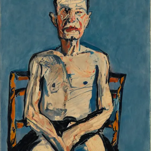 Image similar to painting of a man sitting on a chair and staring at you, by georg baselitz