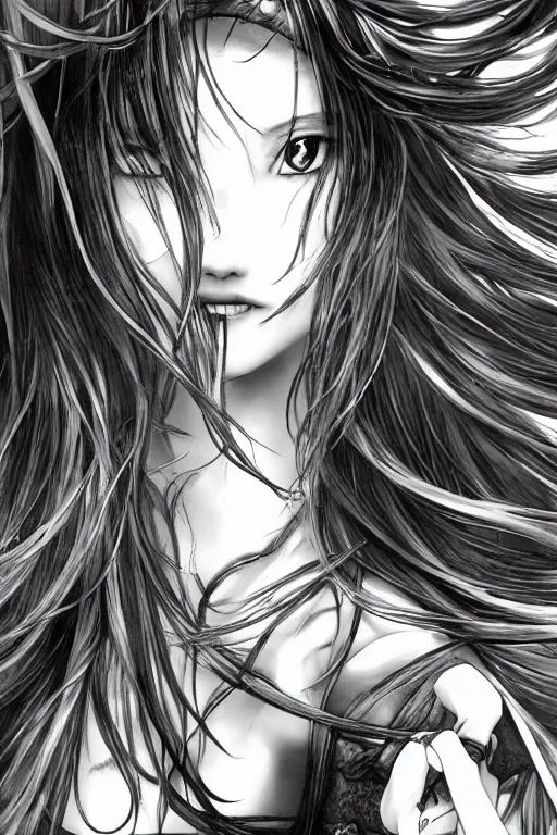 Image similar to a vertical portrait of a character in a scenic environment by Yoshitaka Amano, black and white, dreamy, (cybernetic), wavy long black hair, highly detailed