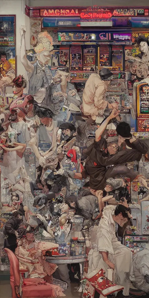 Image similar to oil painting scene from amusement arcade by kim jung gi