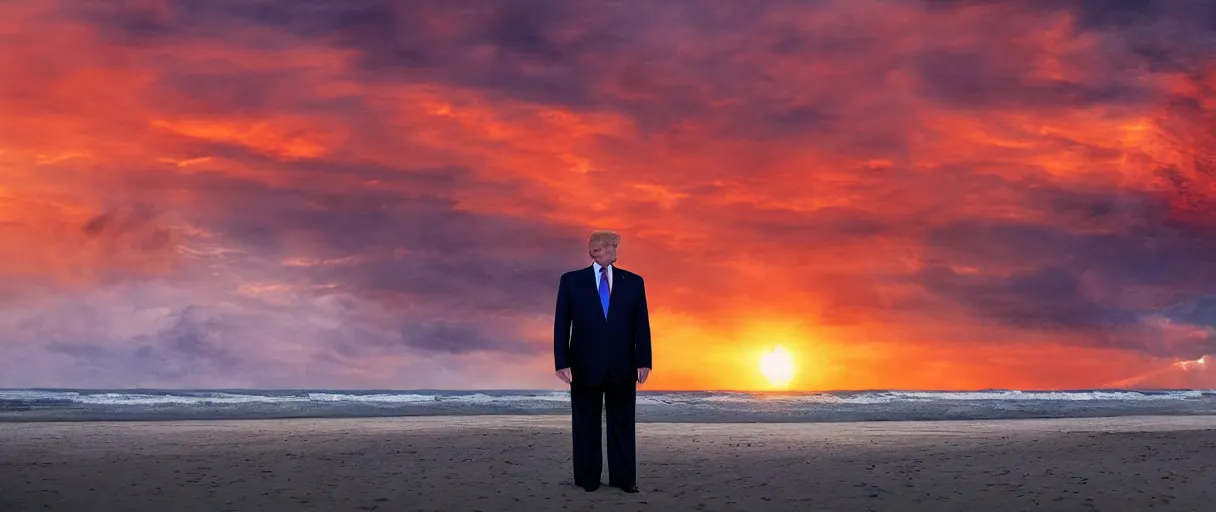 Prompt: donald trump at the beach, mordor looming behind the sunset 4 k, hd, explosive, colorfull