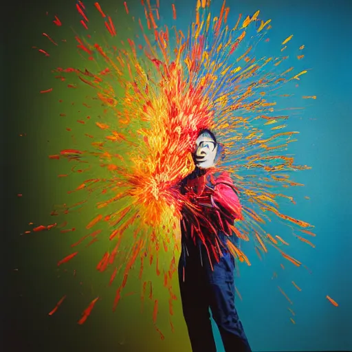 Image similar to a human exploding with color, studio medium format photograph