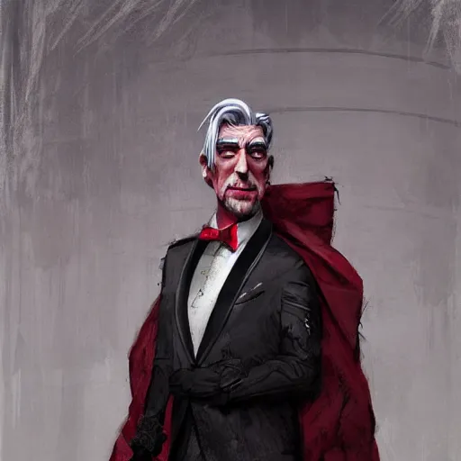 Image similar to portrait of a puppet master, grey hair and a tuxedo, harsh good looking face, middle aged, surrounded by red curtains, drawn by Ruan Jia, disco elysium style, highly detailed