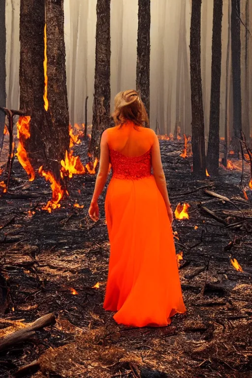 Image similar to the queen of fire wearing an orange and red beautiful dress walking on a burning forest, beautiful angle, aesthetic