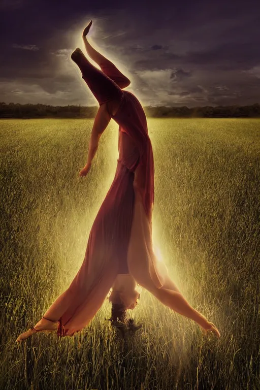 Image similar to absolutely stunning beautiful virgin dancing in summer field in dramatic lighting, dramatic shadows, dramatic details, dramatic zoom, dramatic lenses, dramatic f/x, dramatic everything, trendind everywhere, dramatic award winning dramatic digital art