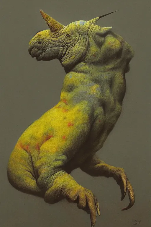 Prompt: painting of cross between parrot & rhino, intercrossed animal, by zdzislaw beksinski, by tiffany bozic, cold hue's, warm tone gradient background, concept art, beautiful composition, digital painting,