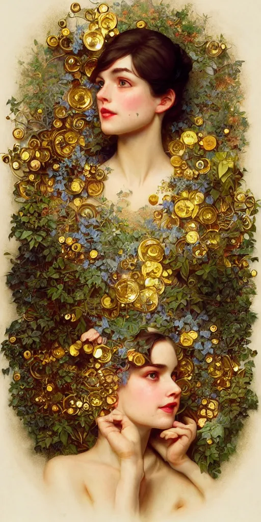 Image similar to hyper realistic photographer looking through a vintage medium format camera, design on white background, beautiful details, lush foliage cyberpunk, gold, drawn by john singer sargent, tom bagshaw, norman rockwell, alphonso mucha, lolish, trending on artstation