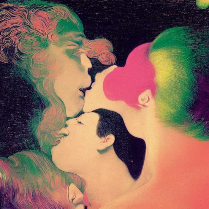Image similar to close portrait of woman and man kissing. aurora borealis. iridescent, vivid psychedelic colors. painting by caravaggio, agnes pelton, utamaro, monet