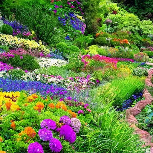 Prompt: a gorgeous garden on the edge of a cliff filled with beautiful flowers of all colors and from all around the world