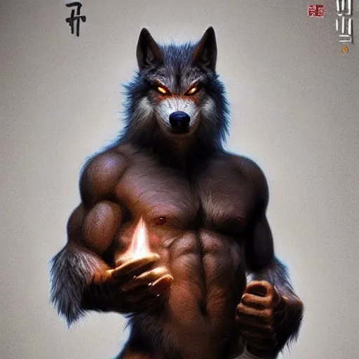 Prompt: wolf werewolf wolfman furry hairy fluffy bodybuilder wearing a monk robes holding incense burner. natural lighting by ruan jia, portrait