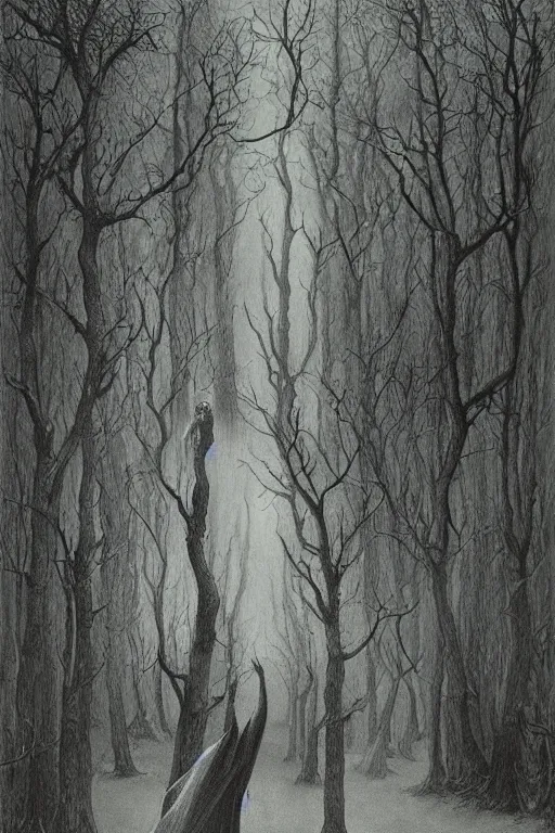 Image similar to zdzisław beksinski painting. a witch in the woods