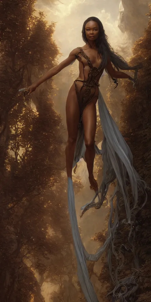 Image similar to thandiwe newton, beautiful fantasy maiden, dungeons and dragons, masterpiece by edgar maxence and ross tran and michael whelan, gustav dore, 8 k, octane render