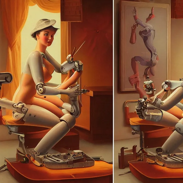 Image similar to robot artist painting a self - portrait on a canvas. detailed digital matte painting in the style of gil elvgren and in the style of wayne barlowe. irony, recursion, inspiration.