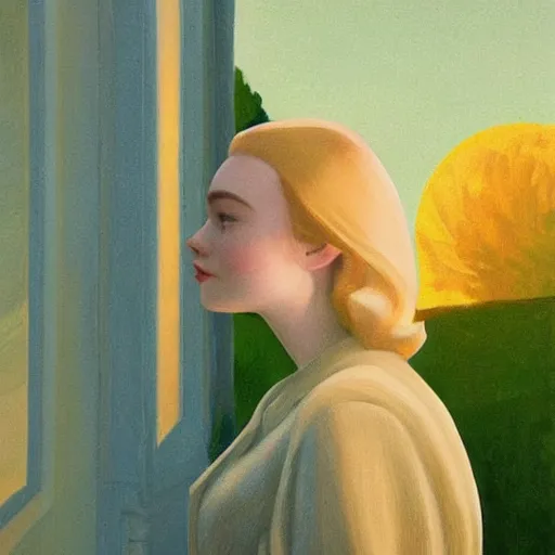 Prompt: Elle Fanning, head and shoulders masterpiece, in space, golden hour, in a garden, artstation, in the style of Art Deco and Edward Hopper and Bosch