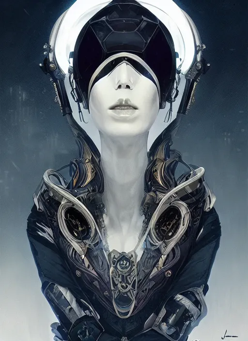 Image similar to a cyborg empress with mask, black leather garment with art nouveau ivory accessories, cyberpunk, darksynth, luxury, concept art by jama jurabaev, extremely detailed, ominous, ethereal, artstation, andree wallin, edvige faini, balaskas, alphonse mucha, symmetry