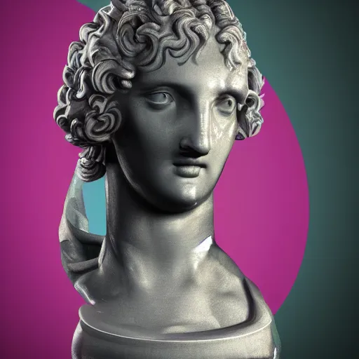 Image similar to a 3 d neon circle on a renaissance statue head, black background, ray tracing, 8 k resolution, sharp focus, hyper detailed, hyper realistic